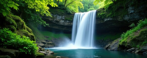 Foliage-draped waterfall cascading down rocky slope, nature, tranquil, foliage