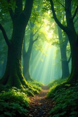 Obraz premium Dense forest with ancient trees and sunlight filtering through leaves, misty, foliage