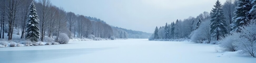 Obraz premium Dense forest of bare trees under a thick layer of snow, frozen lake, winter woods, snow drifts