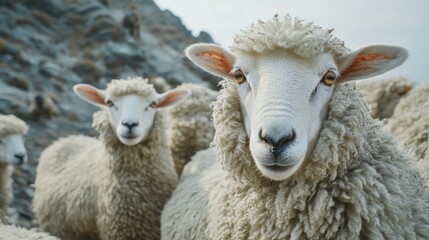 Obraz premium Grouped together, the fluffy sheep appear curious and calm, their woolly coats glistening under soft light. They stand amidst rocky terrain, highlighting their pastoral existence