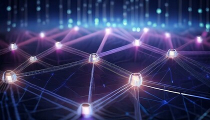 Obraz premium A glowing decentralized blockchain network, interconnected nodes.