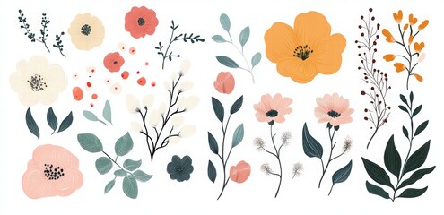 Set of hand-drawn floral frame line art, simple geometric shapes outline drawing clipart collection with wedding elements. floral elements, leaves, and flowers