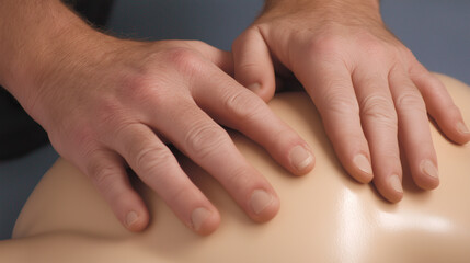 Fototapeta premium CPR first aid training concept showing hands performing chest compressions on a mannequin. Essential for medical, healthcare, and emergency preparedness designs.