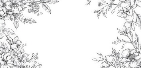 Set of hand-drawn floral frame line art, simple geometric shapes outline drawing clipart collection with wedding elements. floral elements, leaves, and flowers