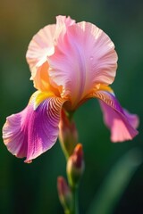 Delicate pink and yellow iris petals unfolding, unfurl, dew, pink