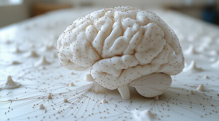 A white model of the human brain is connected by thin lines to an array with data points on it, set against a light gray background.
