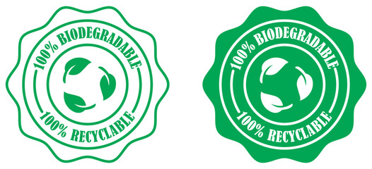 Biodegradable recyclable vector icon set collection on white background. Eco friendly biodegradable certification badge. 100 percent recyclable eco label design. Vector illustration