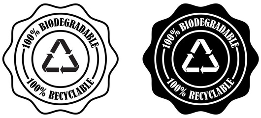 Biodegradable and recyclable product badge collection set on white background. Environmental friendly biodegradable recycling seal. Eco safe certification vector design. Vector illustration 