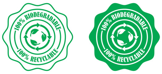 Obraz premium Biodegradable product badge set collection on white background. Zero waste compostable packaging. Eco certified recyclable product badge. Nature friendly biodegradable packaging. Vector illustration