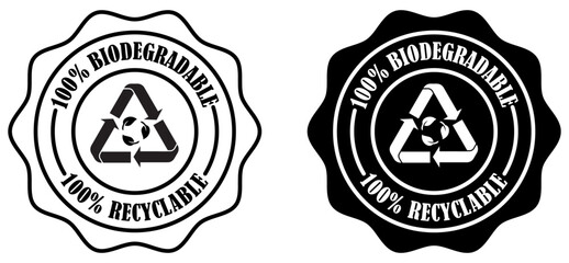 100 percent biodegradable and recyclable product badge collection set. Eco certified recyclable product badge. Nature friendly biodegradable packaging sticker. zero waste icons. Vector illustration 