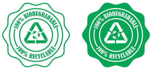 Obraz premium Biodegradable and recyclable product packaging badge set. Eco certified recyclable product badge. Nature friendly biodegradable packaging sticker. Recycling green emblem. Vector illustration