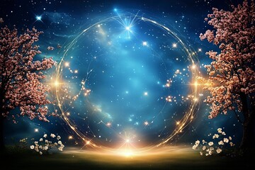A magical scene featuring glowing orbs, starry skies, and blossoming trees creating an enchanting atmosphere.