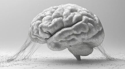 A white model of the human brain is connected by thin lines to an array with data points on it, set against a light gray background.