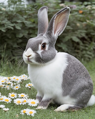 Obraz premium Gray and white rabbit sits amongst daisies in a lush green garden, alert and watching.