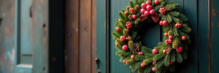 A golden Christmas wreath on a rustic door with pink berries, wreath, holiday, winter