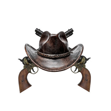 cross revolvers and cawboy hat isolated on transparent background