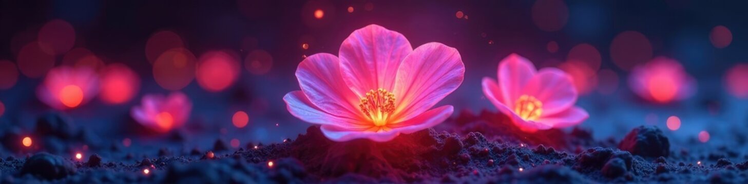 A glowing wavy neon Bacopa flower rising from the ashes in a burst of light multicolor, shimmering, abstract