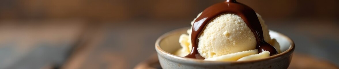 A delicate pour of melted chocolate over creamy vanilla ice cream, treat, pouring, sweet