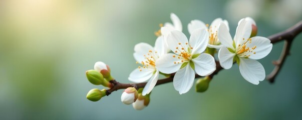 Fototapeta premium A delicate white flower arrangement on a bare white branch, evergreen, spring, stem