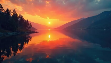 Obraz premium A desolate lake at sunset with an intense orange glow on its waters, peaceful, landscape