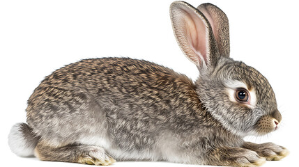 Naklejka premium A watchful, furry rabbit rests calmly, its mottled grey and brown coat blending subtly against a stark white background.