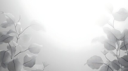 Delicate grayscale leaf branches frame a white background