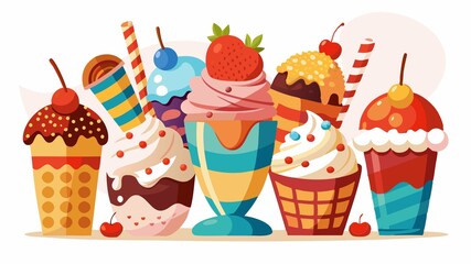 This image showcases a variety of ice cream sundaes, emphasizing their rich textures, vibrant colors, and tempting toppings against a clean white background, providing a visually appealing and versat