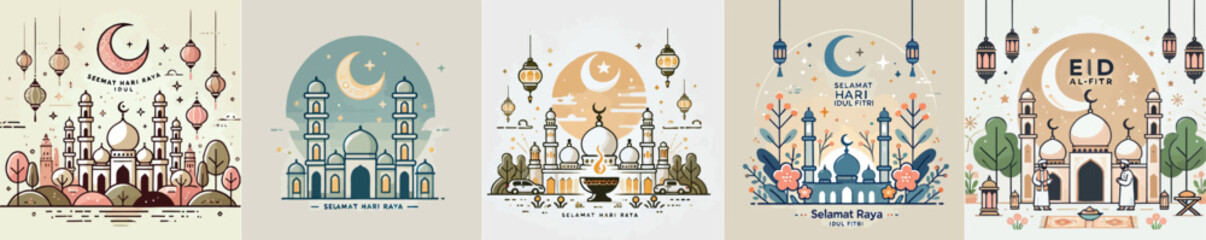 vector image of congratulations on Eid al-Fitr with a picture of a mosque