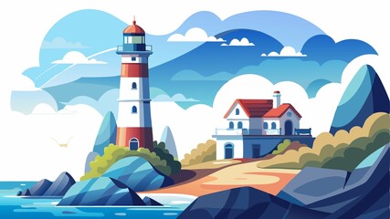 This image showcases a lighthouse in a coastal setting, emphasizing its imposing structure and strategic location against a backdrop of soft white light, providing a visually appealing and versatile