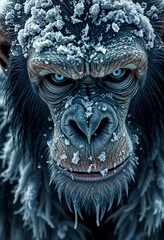 Intense close-up of a snowy-faced primate with piercing blue eyes in a winter landscape
