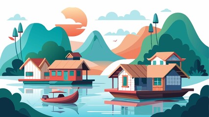 Naklejka premium This image showcases floating houses on a calm river, emphasizing their picturesque qualities and the tranquil atmosphere of river life, providing a visually appealing image for travel brochures, arc