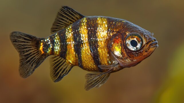 Striped fish swims in aquarium, blurred background.  Use Pet store, education