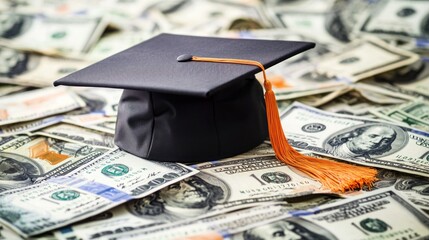Graduation cap on US dollar bills; education funding; financial aid