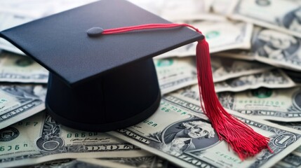 Graduation cap on money; education funding; student loan concept; background of money
