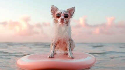 Dog on a surfing board. Holiday vacation concept. Cute humanic animal in uncommonsurreal landscape....