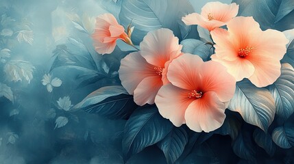 Obraz premium Vibrant hibiscus flowers in soft blue background, showcasing nature's beauty in a serene garden setting