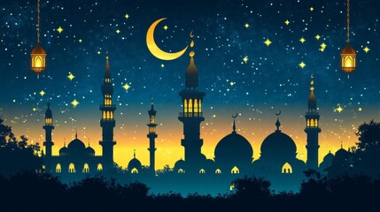 Fototapeta premium Under a starlit sky, traditional lanterns hang gracefully as the crescent moon glows softly. The silhouette of majestic minarets represents the spirit of Ramadan, celebrating unity and reflection