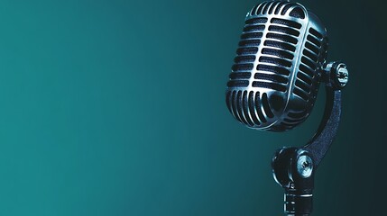 Close-up of a Vintage Microphone Against a Teal Background