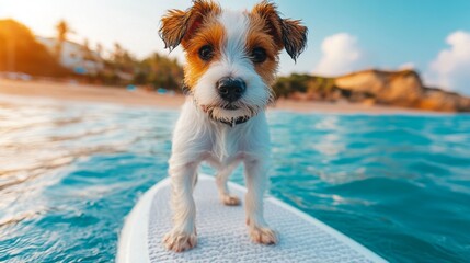 Dog on a surfing board. Holiday vacation concept. Cute humanic animal in uncommonsurreal landscape....