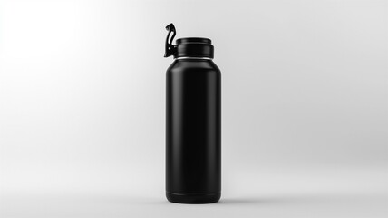 Ultra-realistic image of a black stainless steel water bottle with a flip-top lid, isolated on a white background
