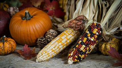 Autumn Harvest Still Life with Pumpkins and Indian Corn