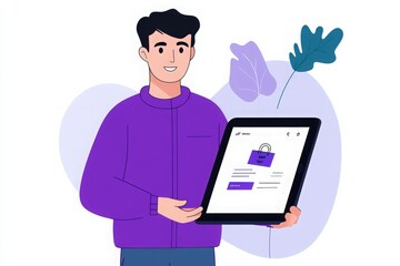 Young Man Presenting Digital Tablet with Website Interface