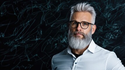 Fototapeta premium Mature man, serious expression, chalkboard background, education concept, stock photo