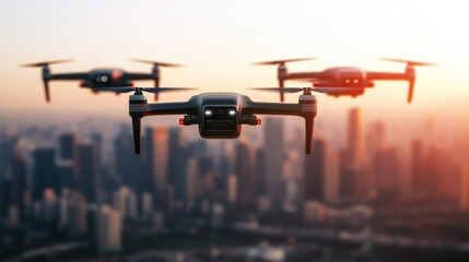 Drone flying over a cityscape with futuristic manned passenger drone in the sky and urban buildings