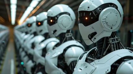 Futuristic Robots in an Advanced Manufacturing Facility Showcasing Upscale Technology and Innovation in the Industry