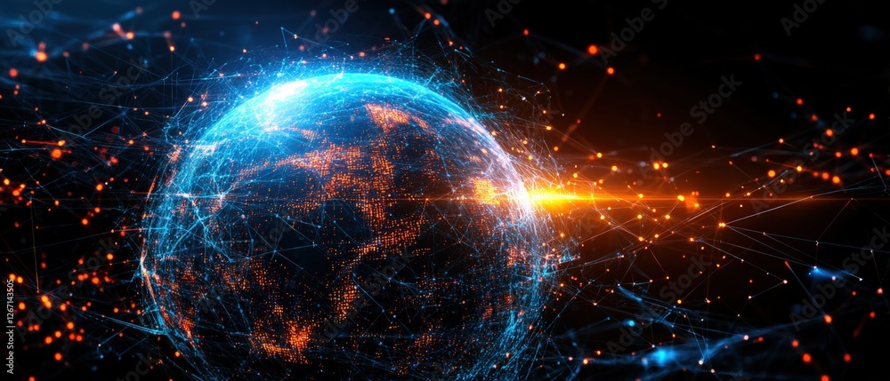 Poster abstract sphere with network of lights and sparks representing global data connectivity and technolo