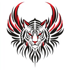 Fototapeta premium White tiger winged tribal design, fierce expression, isolated background, tattoo art