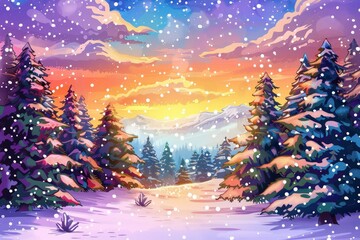 Winter wonderland Snowy evergreens under a colorful sky, a serene holiday background