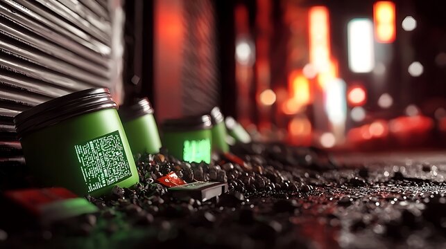 Urban scene at night featuring colorful jars with QR codes in a gritty alleyway, neon lights glowing