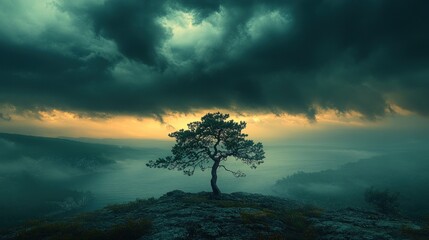 Solitary Tree at Dawn, Majestic Mountain Vista